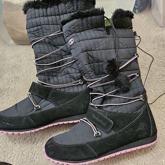 Womens Timberland MukLuk Style Boot Knee High Black Leather Nylon Pink Sole Sz 7 - Picture 2 of 13